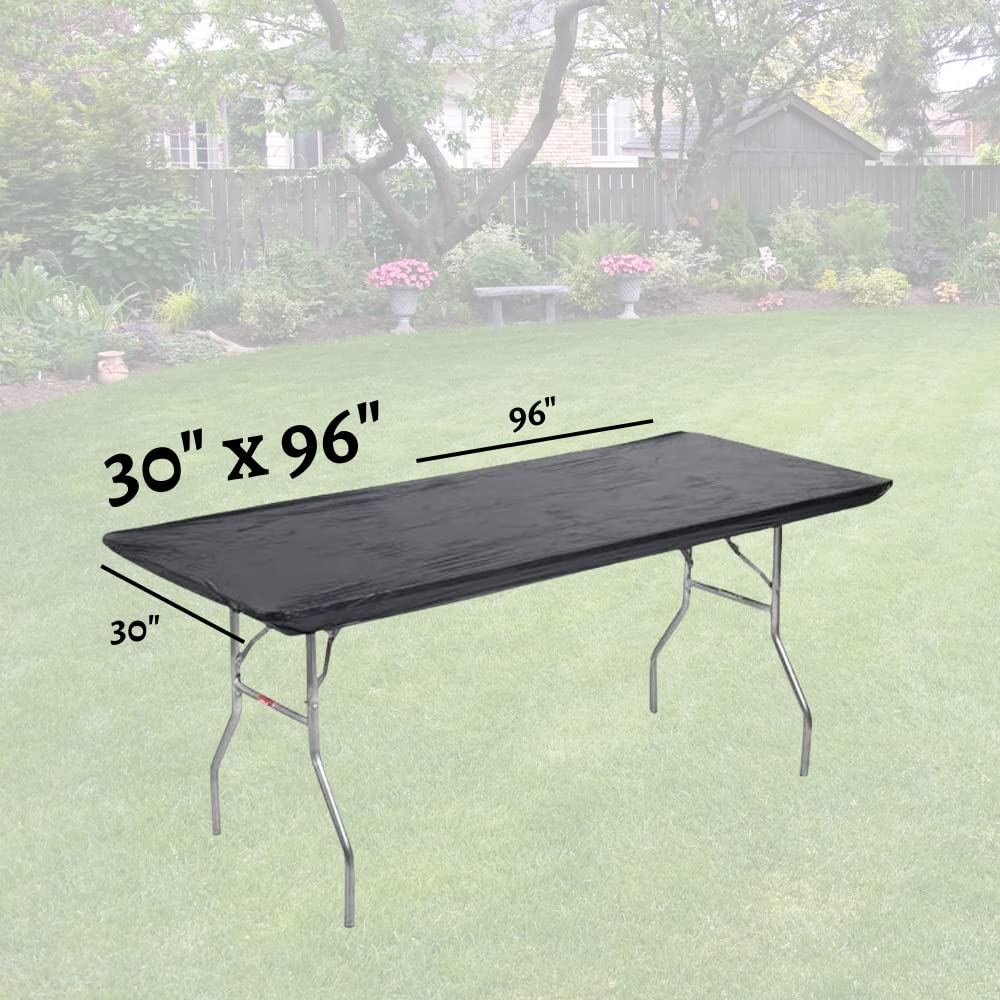 Kwik-Covers Rectangular Plastic Table Covers 8' Bundle Of 5 With Seventy (70) Ohm Commerce Paper Napkins - Indoor Or Outdoor Fitted Table Covers (Table Not Included) (30' X96' Black)
