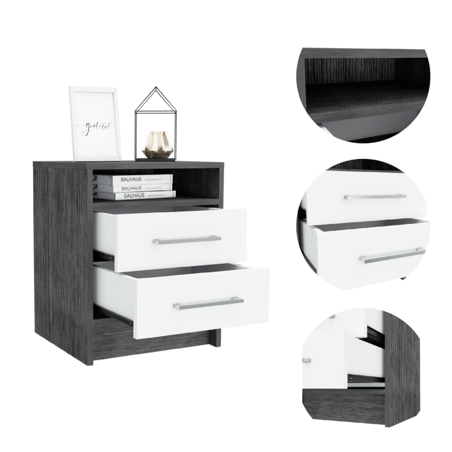 Nightstand 20" H, 2 Drawers, Superior Top, Metal Handles, Smokey Oak/White
