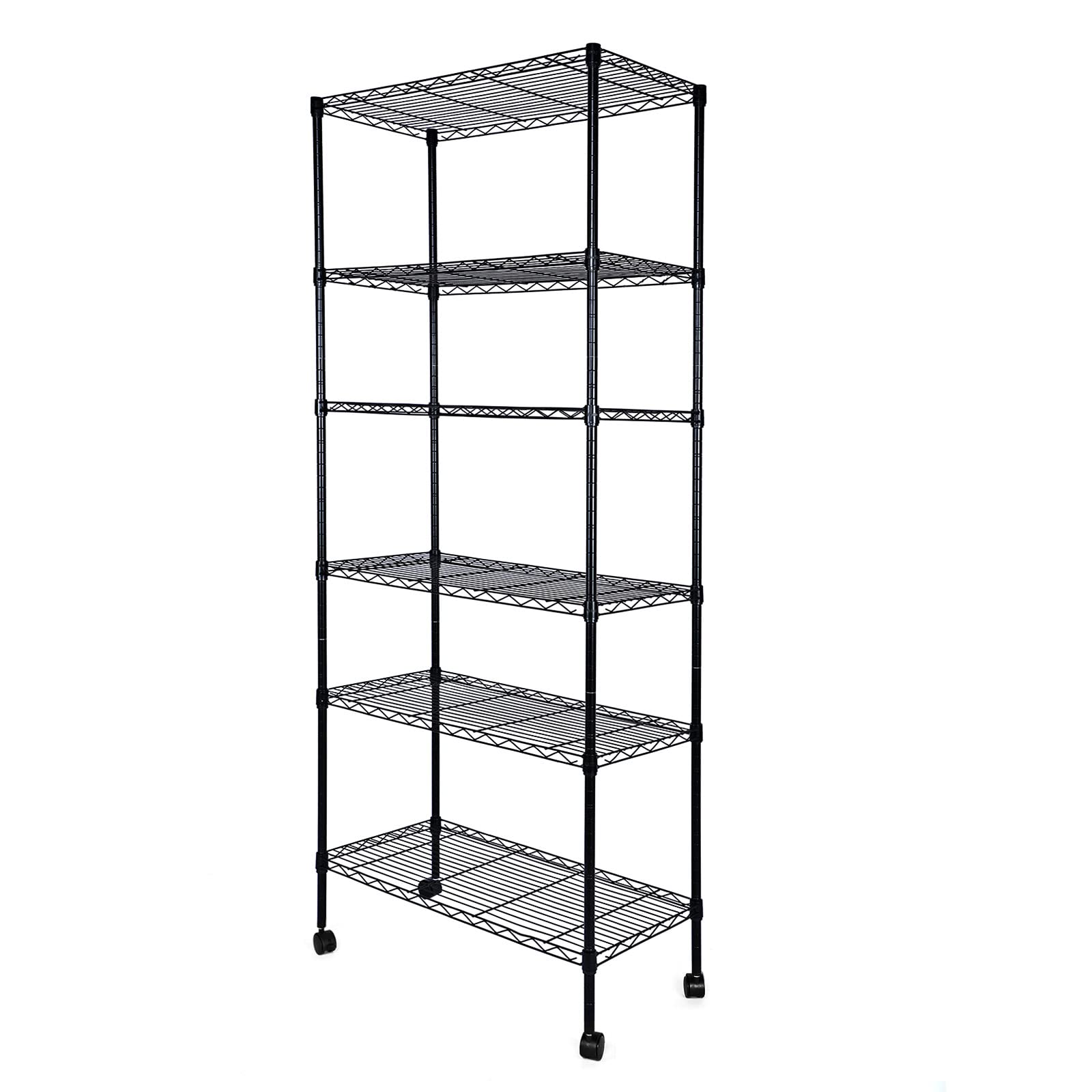 Simple Deluxe Heavy Duty 6-Shelf Shelving, 29.92 D x 13.98 W x 71.65 H Adjustable Wire Shelving with Hanging Hooks and Whe