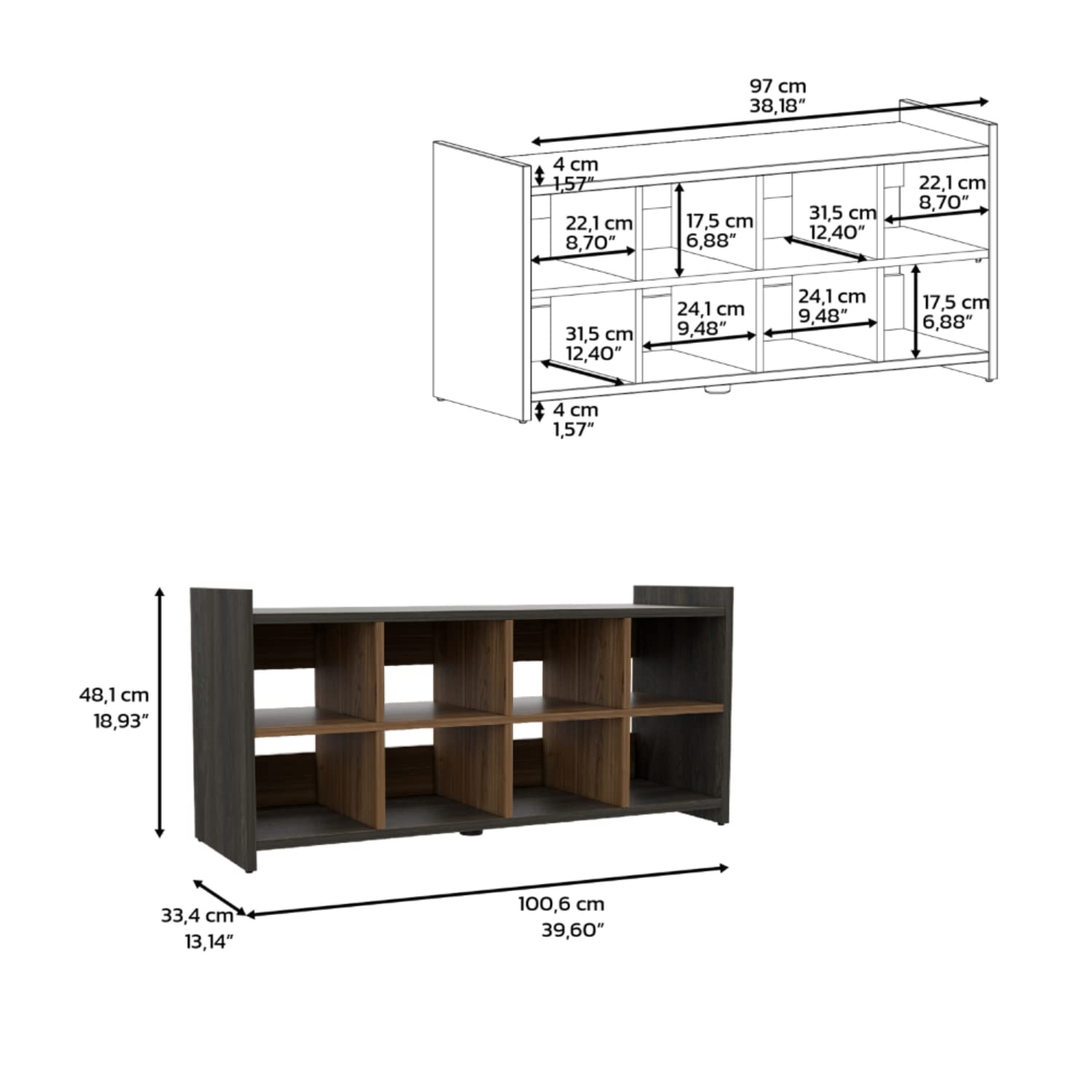Modena Entryway Stackable Storage Unit, 8 Cubbies for Shoes, 8 Shoes Capacity, Carbon Espresso/Mahogany