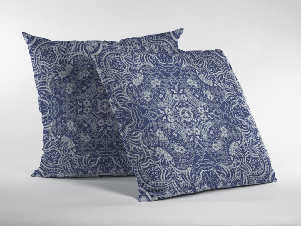 HomeRoots Indigo On White Broadcloth 16â€ Indigo White Boho Ornate Indoor Outdoor Throw Pillow