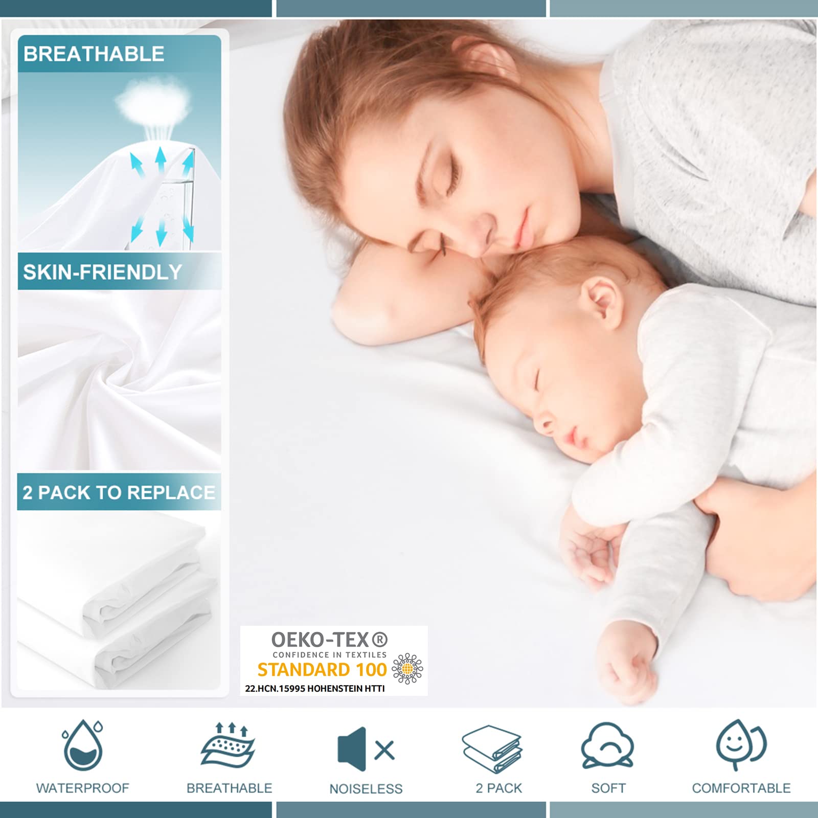 2 Pack Cal King Waterproof Mattress Protector Deep Pocket Mattress Cover, Soft Breathable Mattress Pad, Fitted Noiseless Waterproof Bed Cover Stretch To 25'