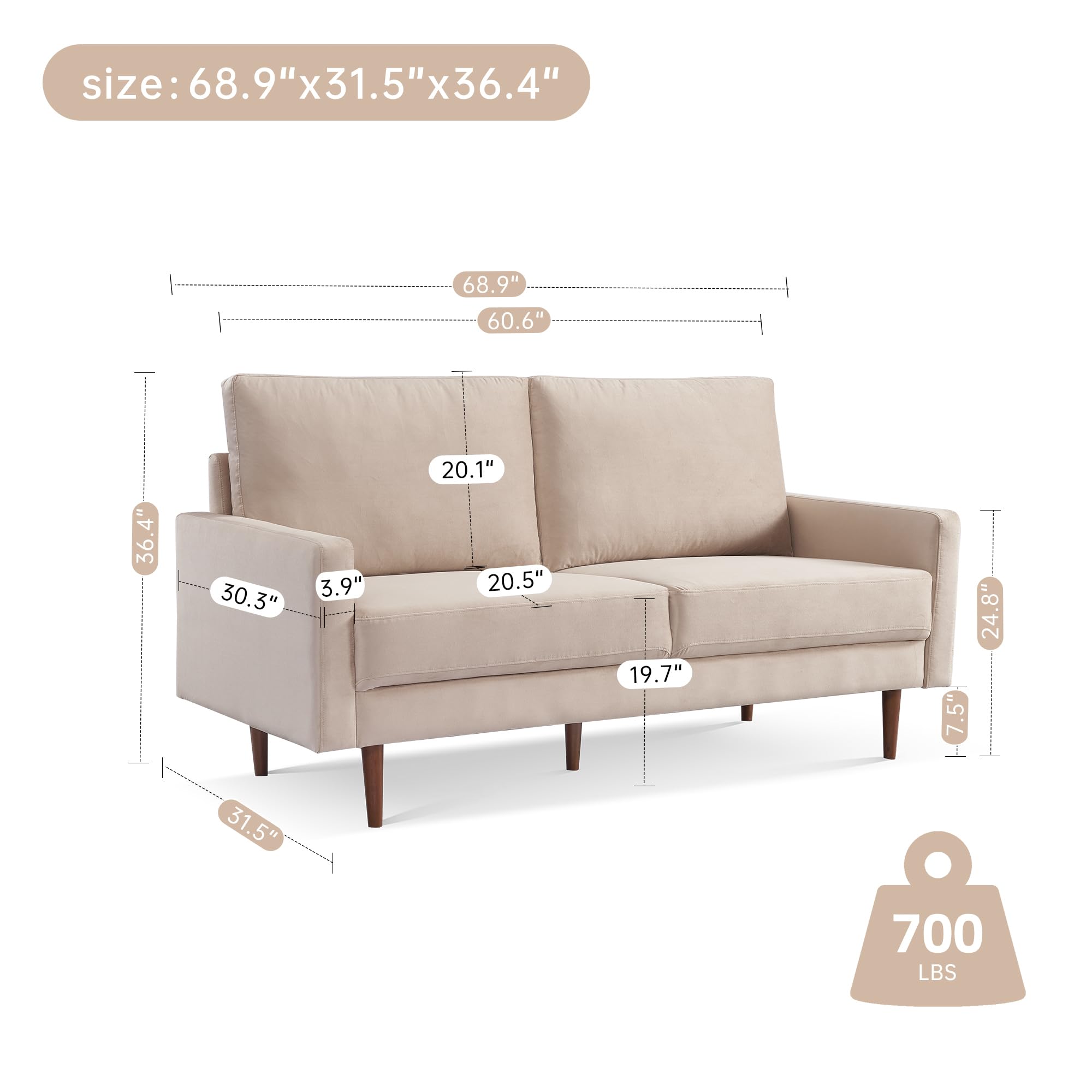 American Furniture Classics Beige 69 Inch Wide Upholstered Two Cushion Sofa with Square Arms Velvet, 69" x 32" x 37"