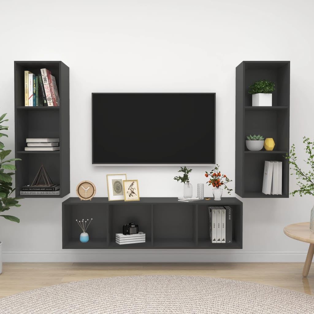 vidaXL TV Cabinet Set 3 Piece Hanging Wall Mount Stand Unit HiFi Stereo Plasma Home Indoor Cabinet Living Room Furniture Gray Engineered Wood