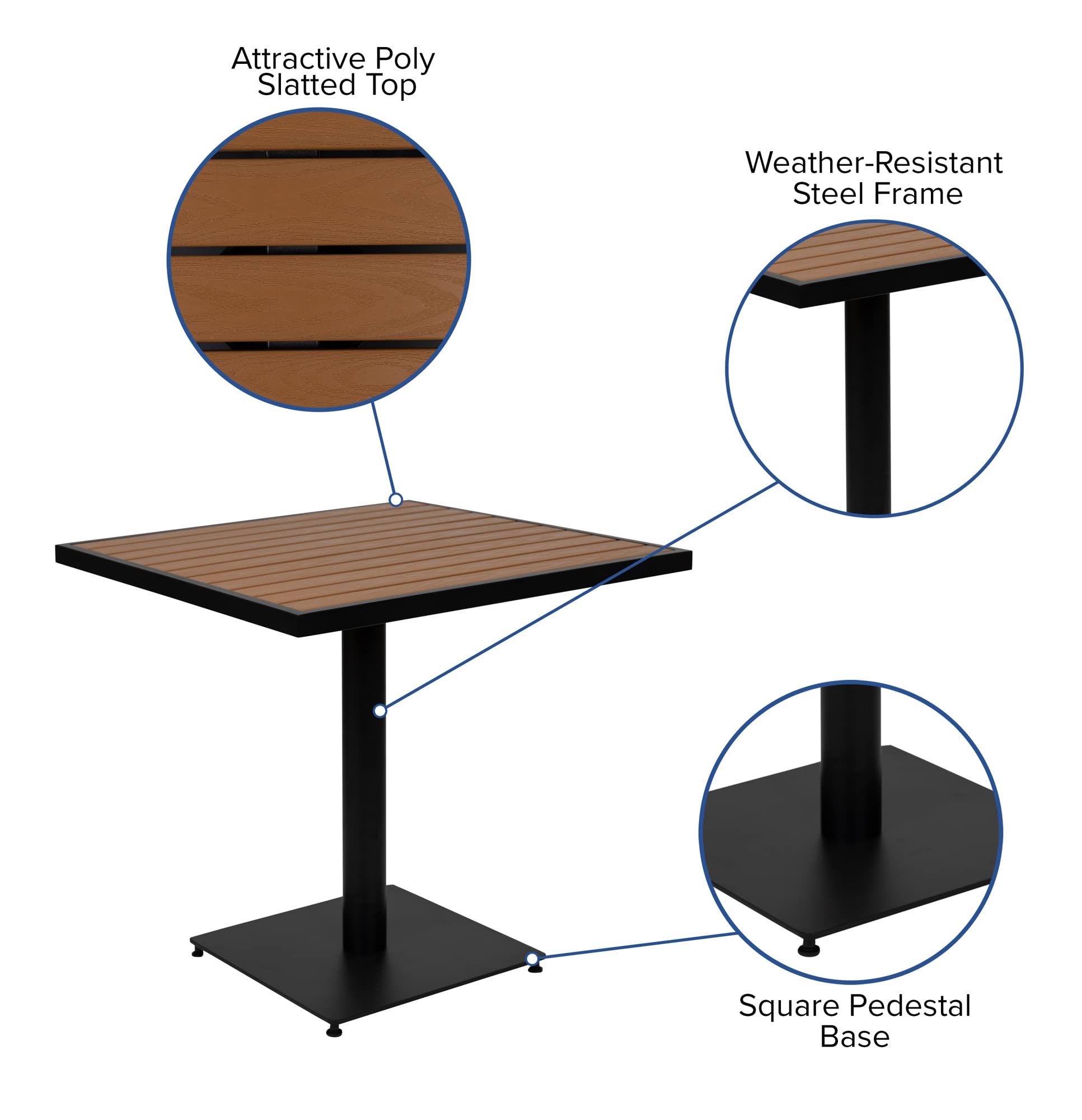 Flash Furniture 5 Piece Patio Dining Table Set - Indoor/Outdoor Black Steel Framed 30" Square Faux Teak Table - 4 Stacking Club Chairs with Teak Accented Arms