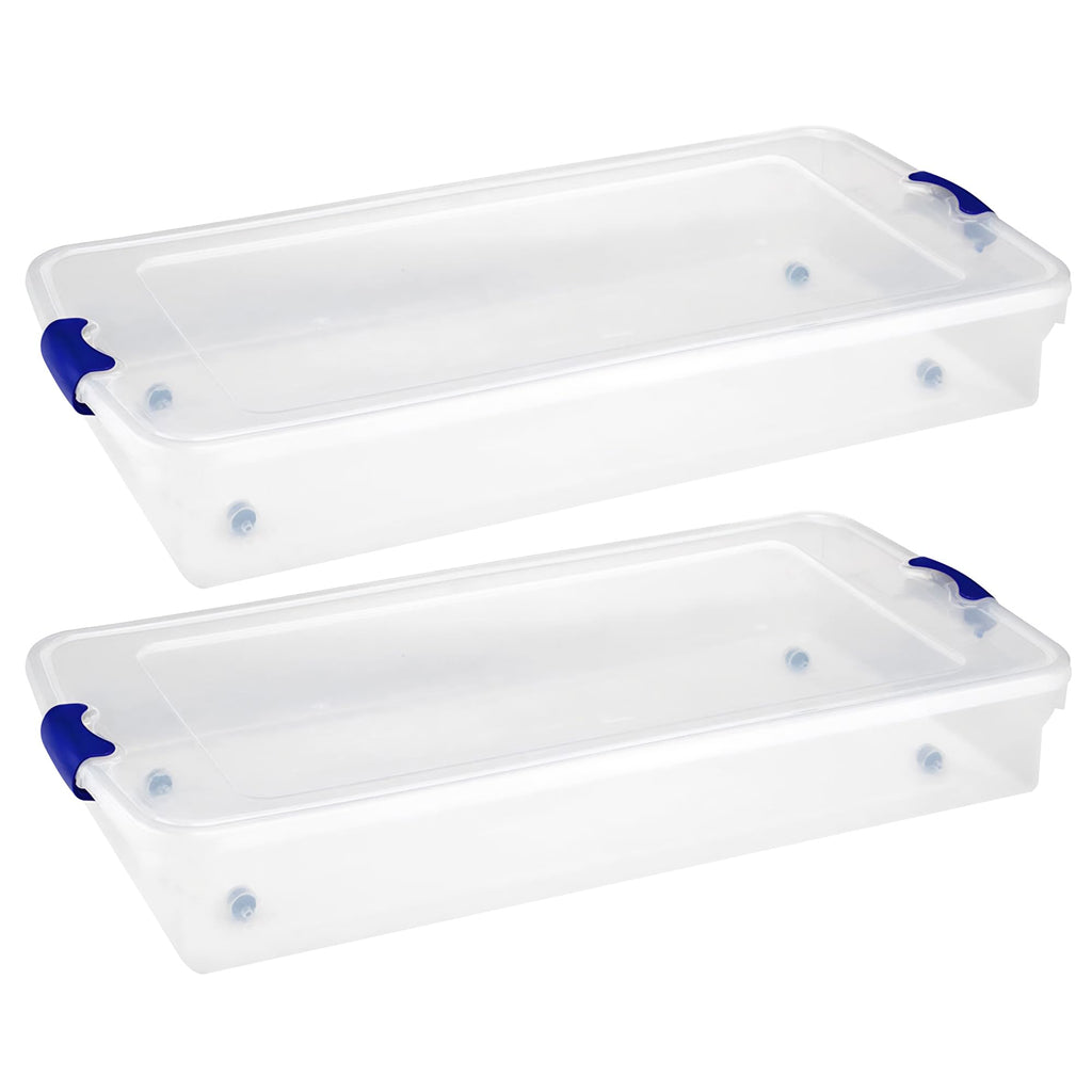 Homz Multipurpose 60 Qt Underbed Secure Latching Clear Plastic Storage Container with Snap-On Lid and Wheels for Home & Office O
