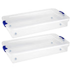 Homz Multipurpose 60 Qt Underbed Secure Latching Clear Plastic Storage Container with Snap-On Lid and Wheels for Home & Office O