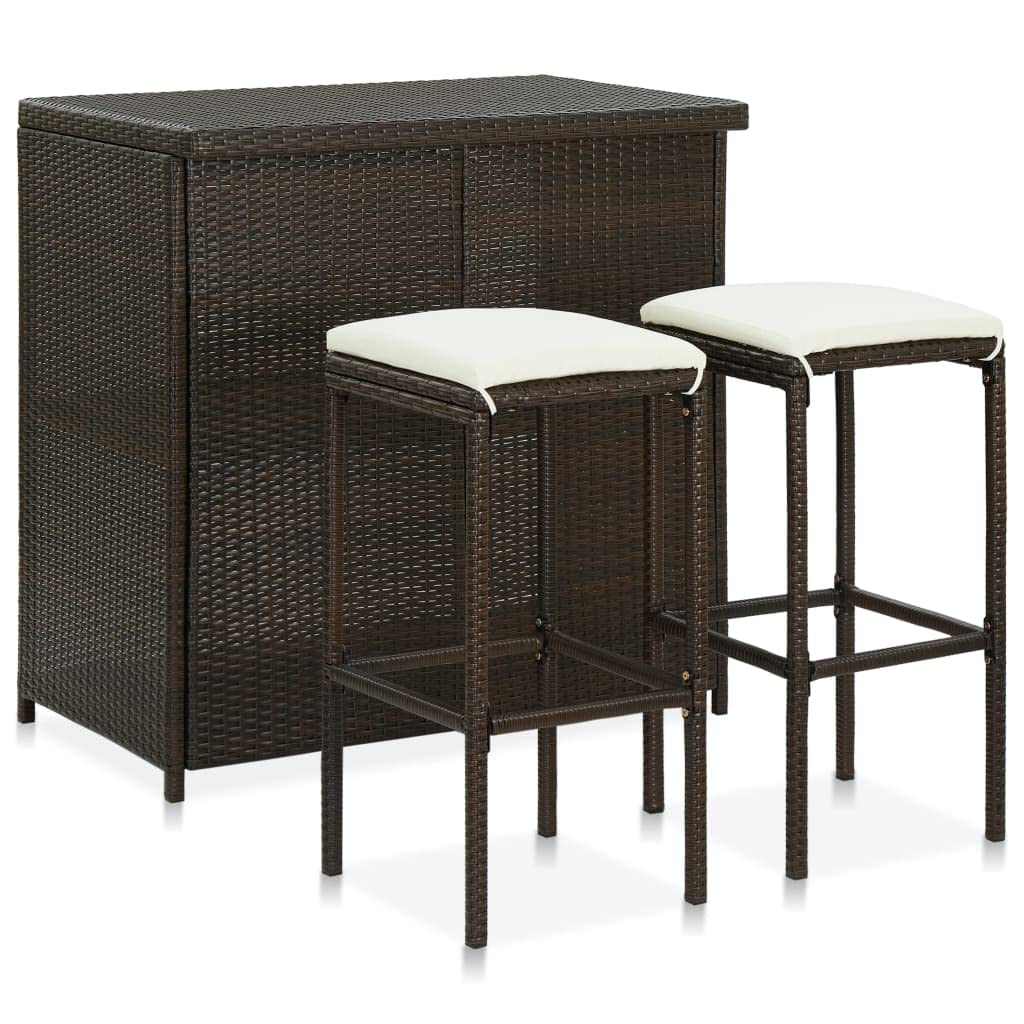 vidaXL Outdoor 3 Piece Bar Set - PE Rattan, Steel Frame, Comfortable Seating with Footrest and Washable Cushion Covers, Ample Storage Shelves - Stylish Brown Bar Set for Patio or Garden