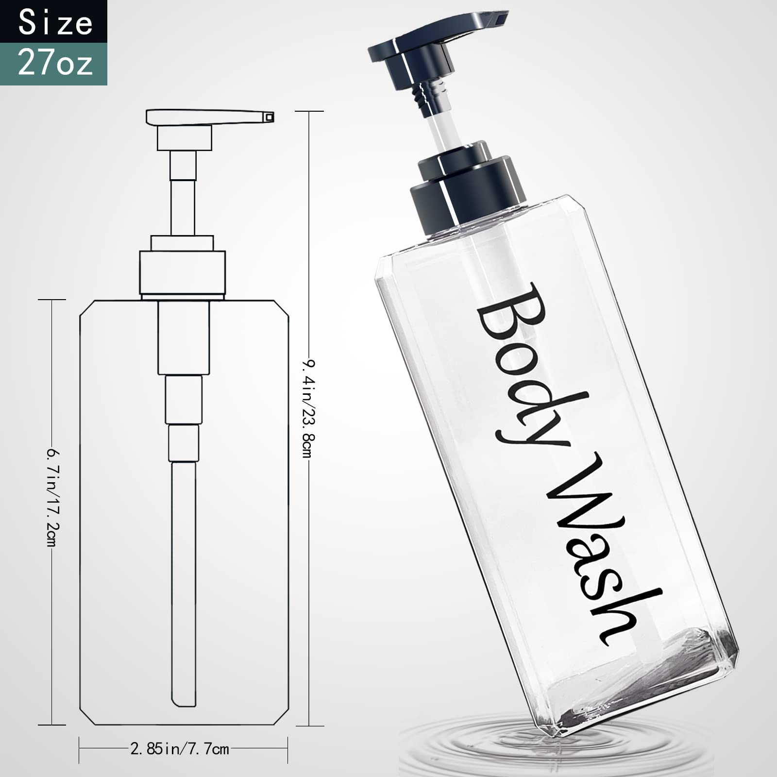 CIRACO Shampoo and Conditioner Dispenser Set of 3 - 27oz Clear Plastic Bottles for Shower, Refillable Body Wash Containers