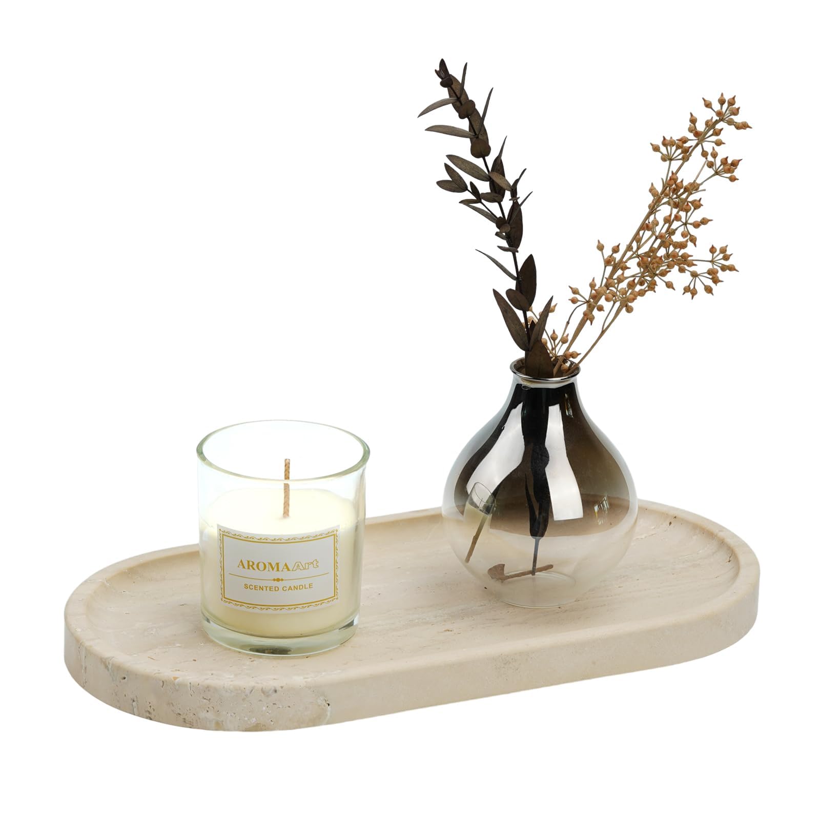 Koville Turkish Natural Travertine Tray, 12'' Vanity Decorative Tray for Countertop Organizer, Catchall Tray for Perfume, Candle