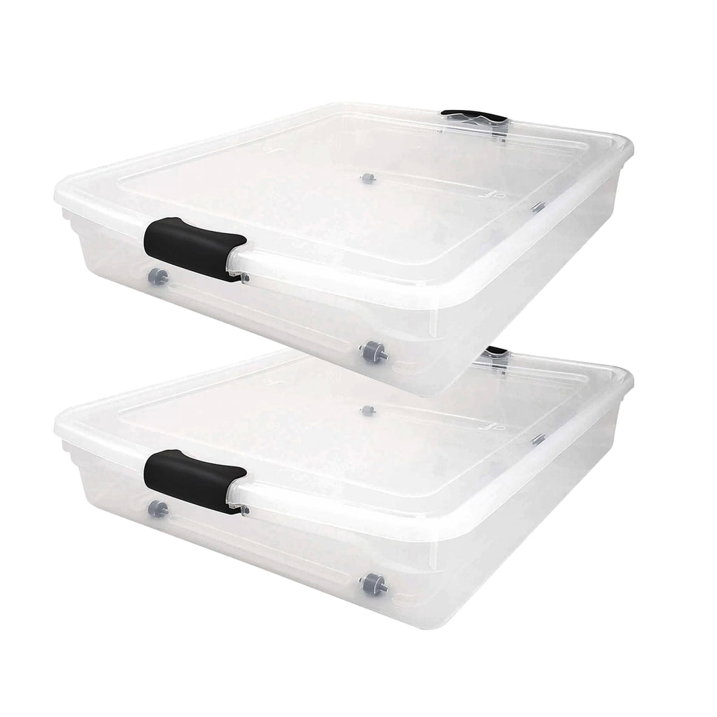 HOMZ Large 56 Quart Full/Queen Stackable Underbed Storage Bin, Clear Plastic Container with Rolling Wheels for Under Bed Use, 2 