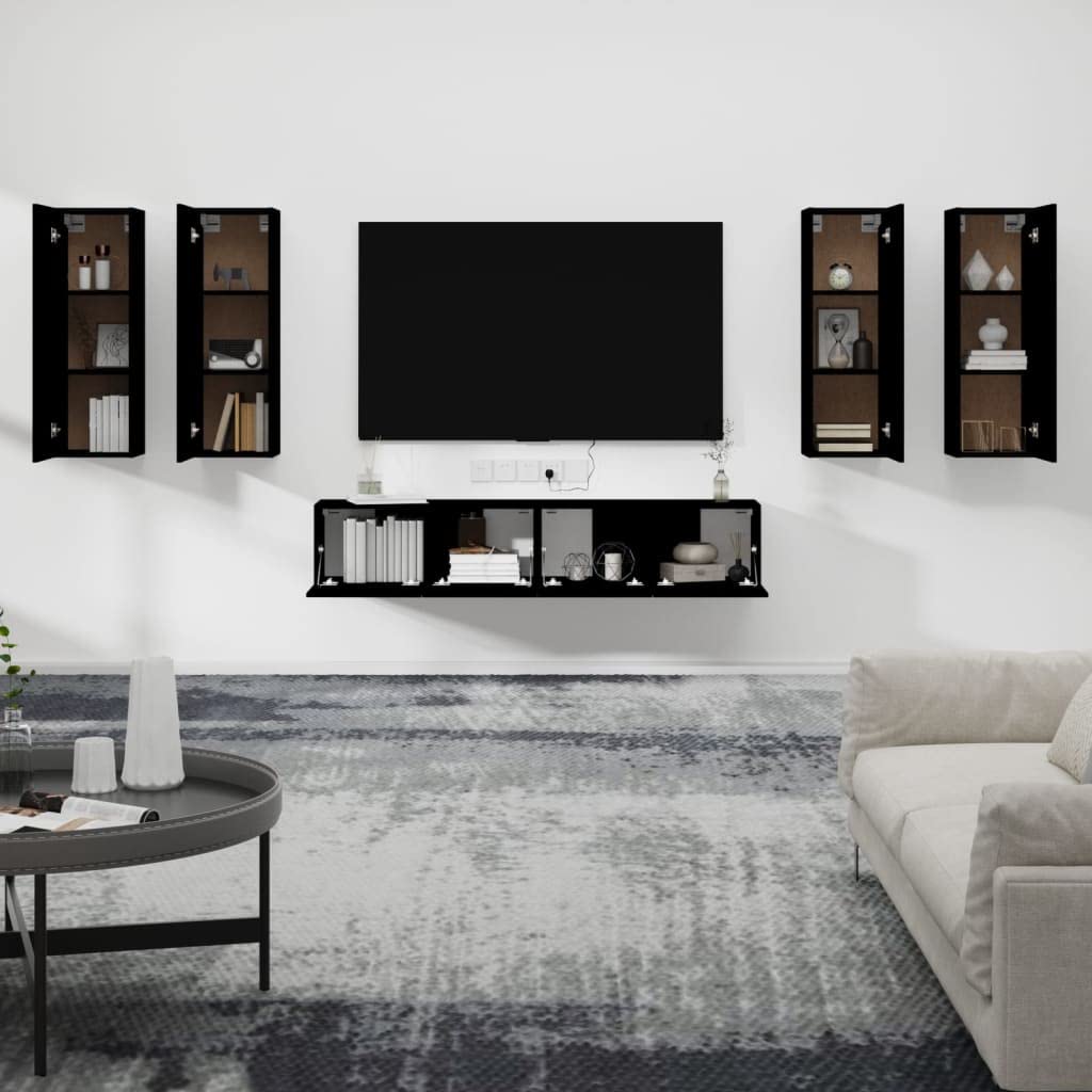 vidaXL TV Stand Set 6 Piece, Wall Mounted Entertainment Center, TV Stand Console with Storage, Modern Style, Black Engineered Wood