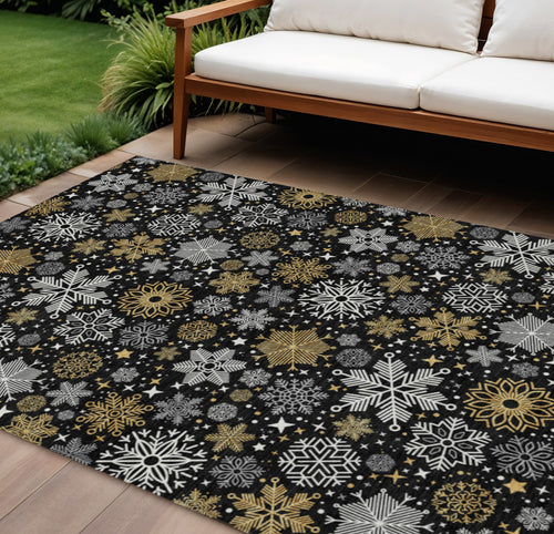 10 X 14 Black Gold And Gray Snowflake Washable Indoor Outdoor Area Rug