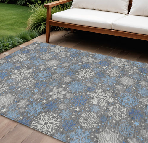 10 X 14 Gray Blue And Ivory Snowflake Washable Indoor Outdoor Area Rug