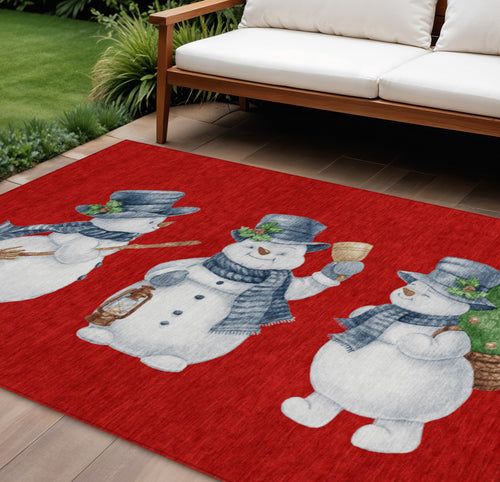 10 X 14 Red Denim Blue And Ivory Snowmen Washable Indoor Outdoor Area Rug