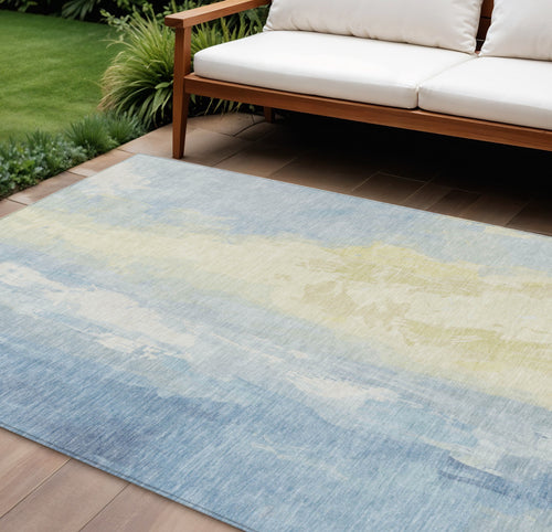 10 X 14 Denim Blue And Beige Abstract Washable Indoor Outdoor Area Rug