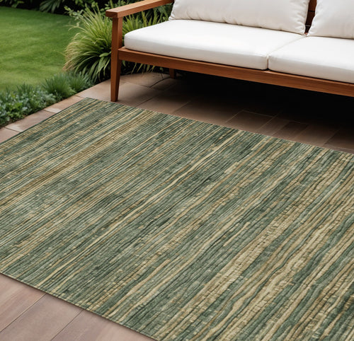 10 X 14 Fern Green And Charcoal Striped Washable Indoor Outdoor Area Rug