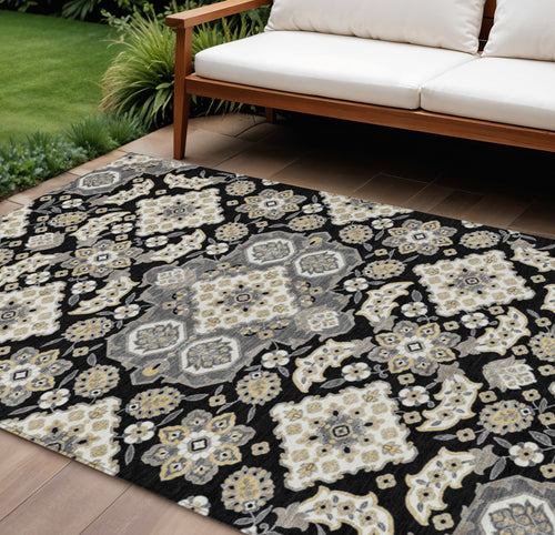 10 X 14 Black Gray And Beige Medallion Washable Indoor Outdoor Area Rug