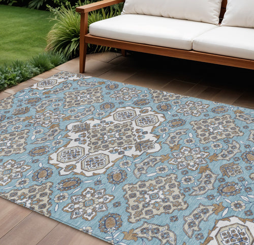 10 X 14 Sky Blue Taupe And Ivory Medallion Washable Indoor Outdoor Area Rug