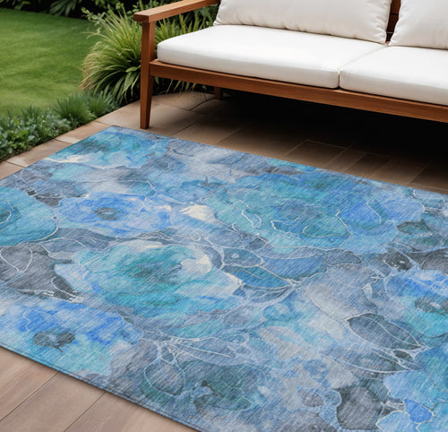 10 X 14 Blue And Gray Floral Washable Indoor Outdoor Area Rug