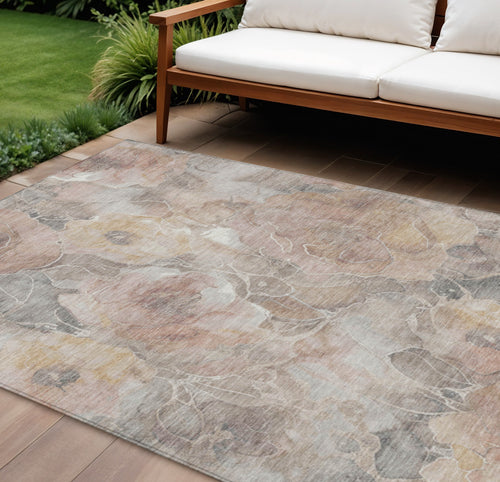 10 X 14 Taupe And Gray Floral Washable Indoor Outdoor Area Rug