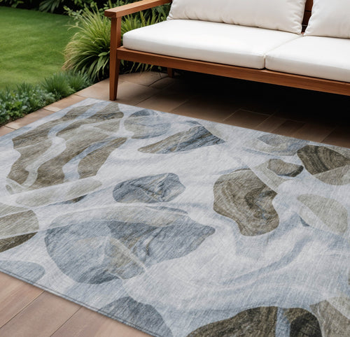 10 X 14 Sky Blue And Taupe Abstract Washable Indoor Outdoor Area Rug