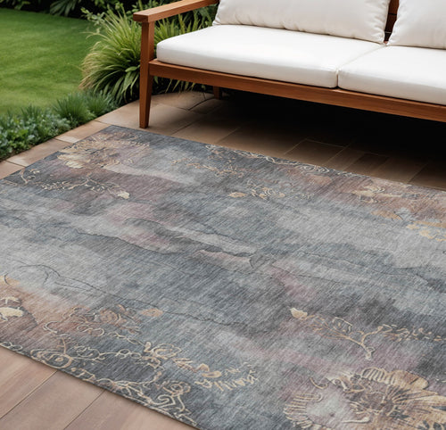 10 X 14 Gray And Beige Floral Washable Indoor Outdoor Area Rug