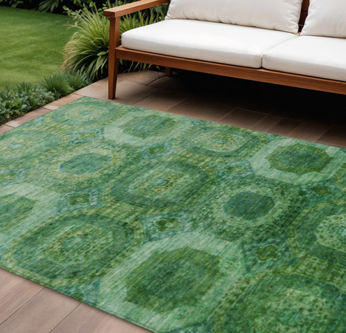10 X 14 Emerald And Green Medallion Washable Indoor Outdoor Area Rug