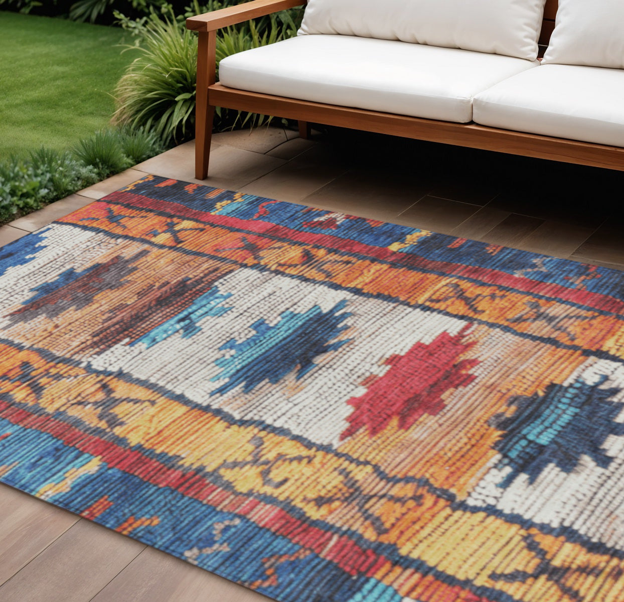 10 X 14 Navy Blue And Copper Tribal Washable Indoor Outdoor Area Rug