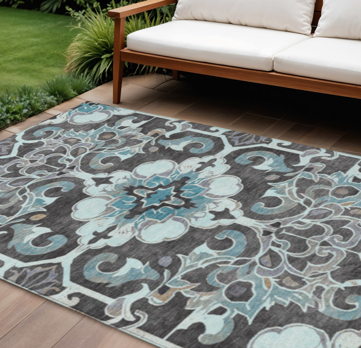 10 X 14 Teal Blue And Charcoal Damask Washable Indoor Outdoor Area Rug