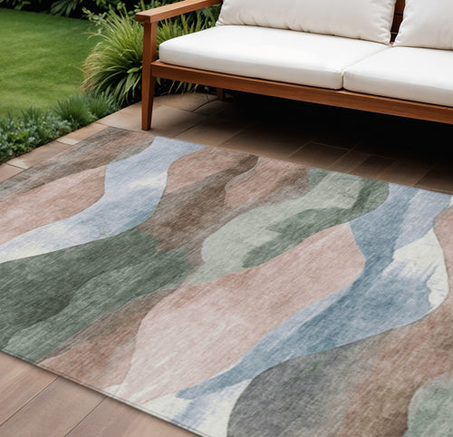 10 X 14 Salmon And Emerald Abstract Washable Indoor Outdoor Area Rug