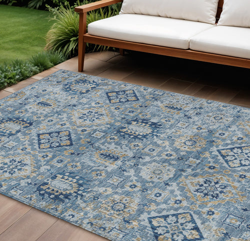 10 X 14 Denim Blue And Gold Floral Medallion Washable Indoor Outdoor Area Rug