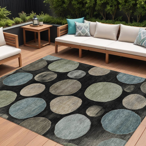 10 X 14 Black Fern Green And Teal Blue Geometric Washable Indoor Outdoor Area Rug