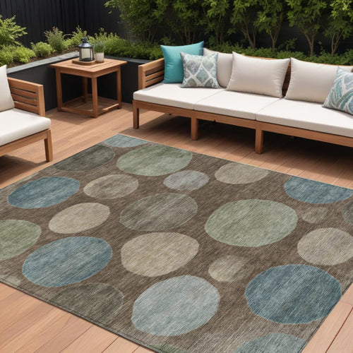 10 X 14 Chocolate Fern Green And Teal Blue Geometric Washable Indoor Outdoor Area Rug