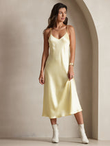 [Light Yellow] SilkSilky  Spaghetti Strap V Neck Dress 001