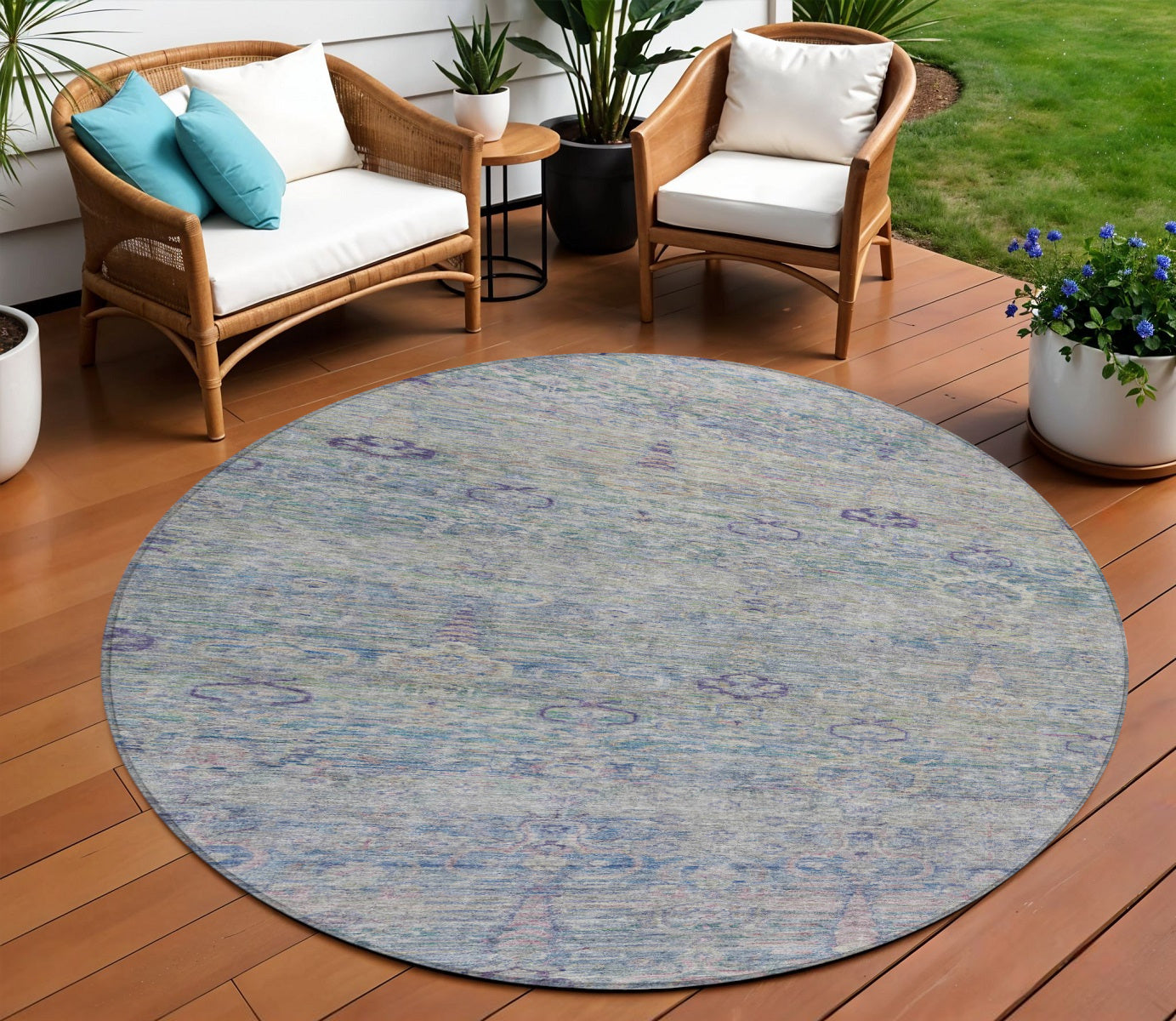 8 Plum And Silver Round Oriental Washable Indoor Outdoor Area Rug