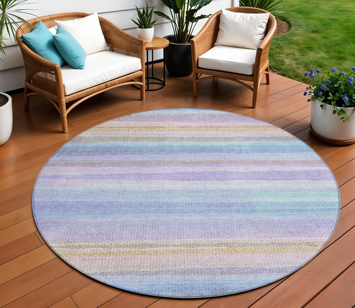 8 Lavender Sky Blue And Beige Round Striped Washable Indoor Outdoor Area Rug