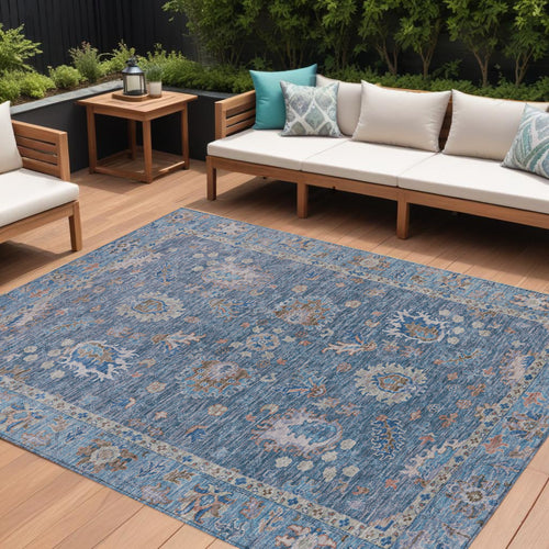 10 X 14 Blue And Beige Floral Washable Indoor Outdoor Area Rug
