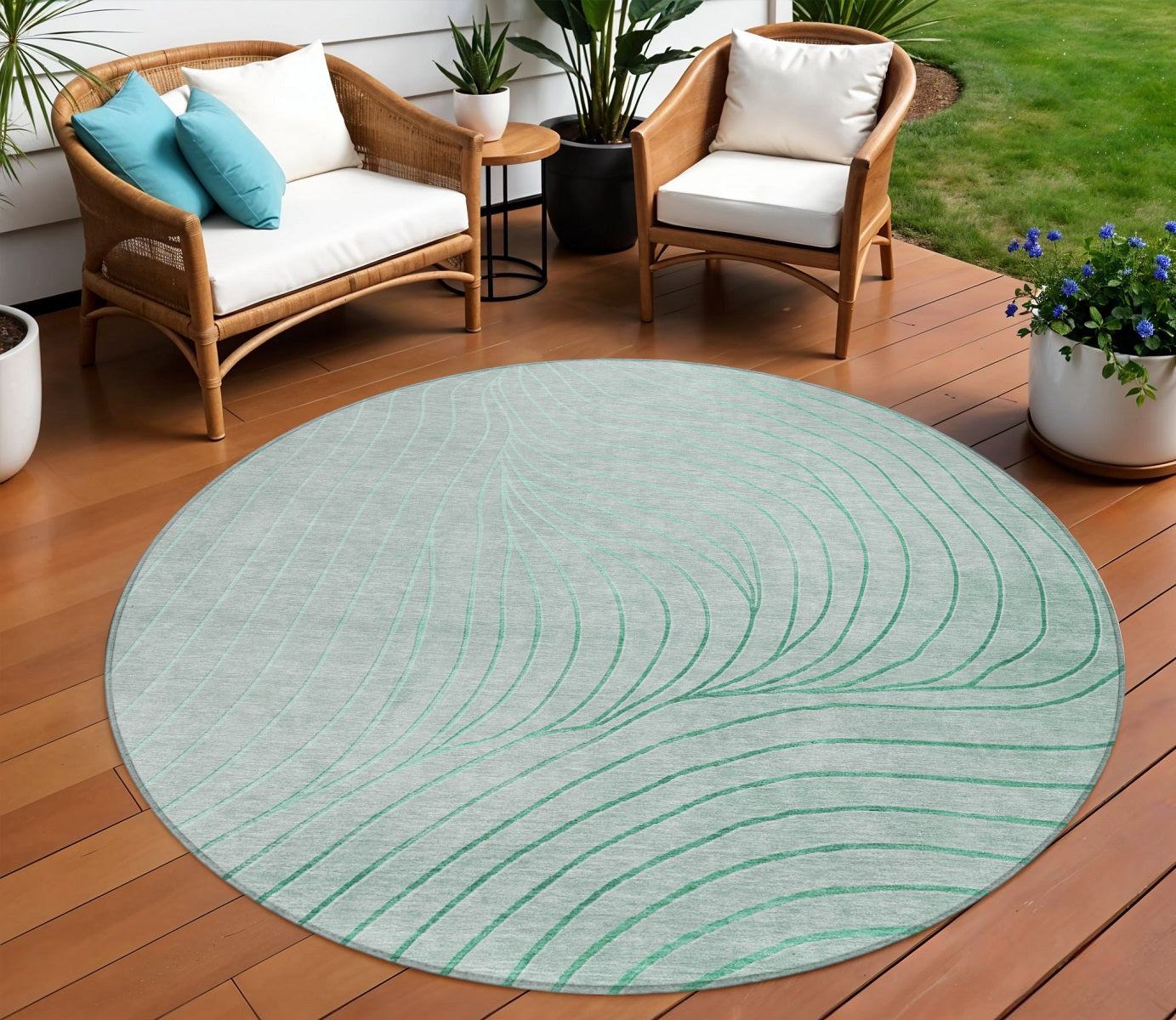8 Mint Green And Silver Round Abstract Washable Indoor Outdoor Area Rug