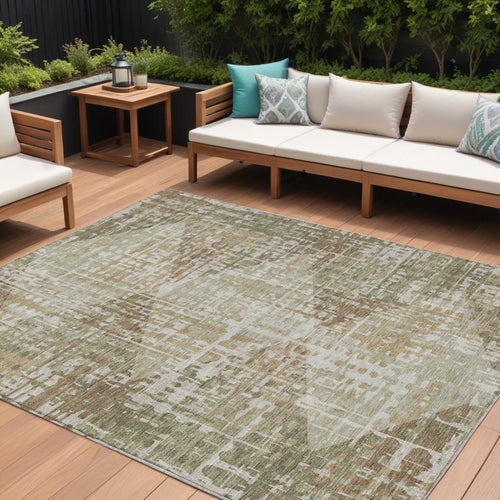10 X 14 Fern Green And Beige Geometric Washable Indoor Outdoor Area Rug