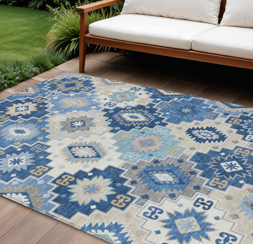 10 X 14 Blue Beige And Sky Blue Southwestern Washable Indoor Outdoor Area Rug