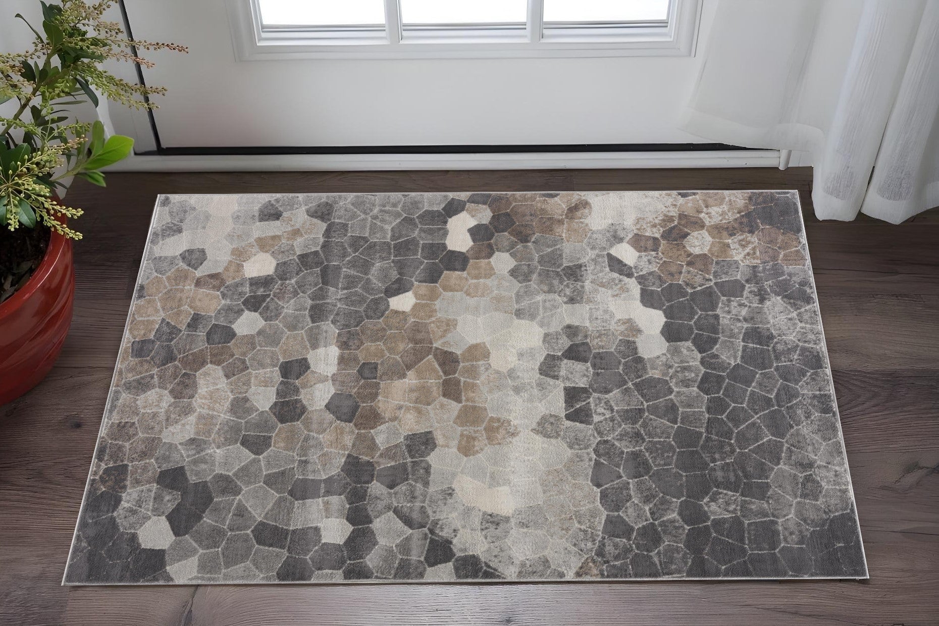 2 X 5 Gray And Beige Geometric Area Rug
