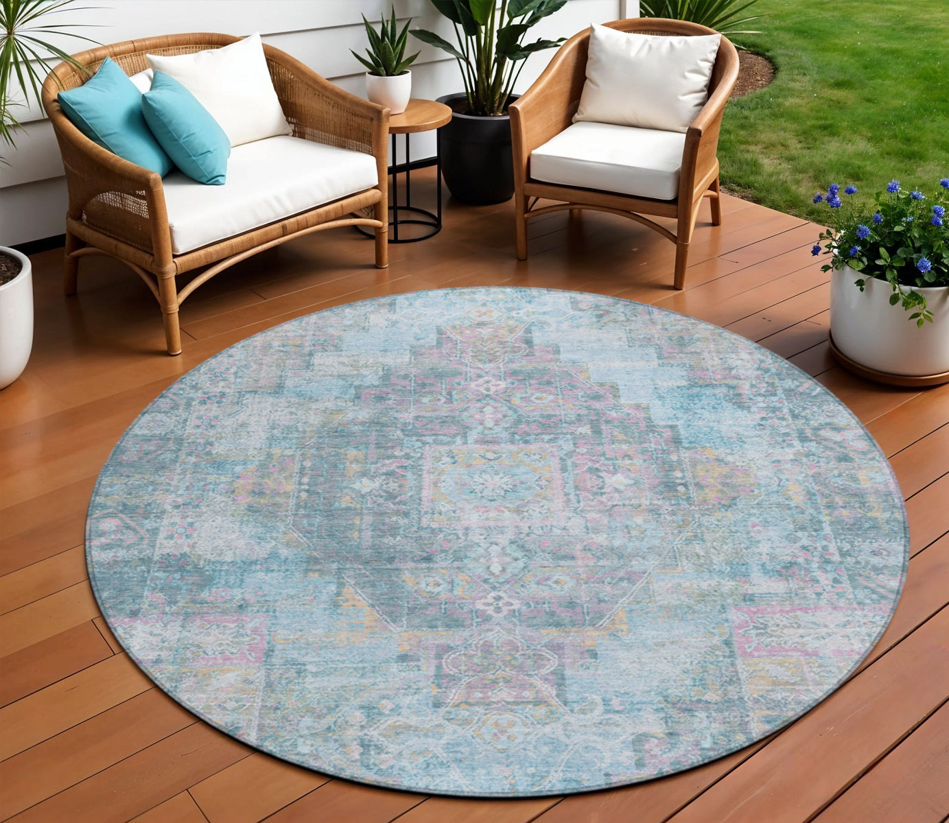 8 Blue And Pink Round Medallion Washable Indoor Outdoor Area Rug