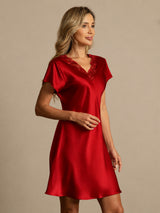 [Dark Red] SilkSilky  Short Sleeve V Neck Nightgown 006