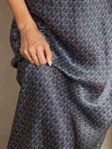 Navy silk midi dress with white ginkgo print, V-neck and adjustable straps