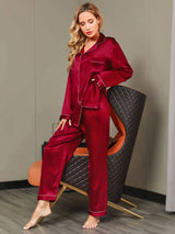 [Wine] SilkSilky  Long Sleeve Lapel Collar Women's Pajamas 005