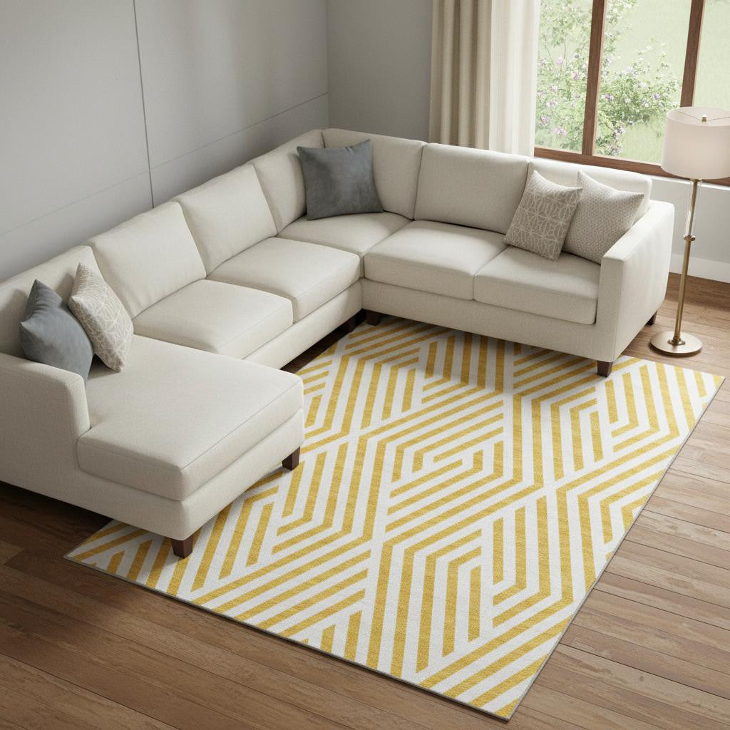 8 X 10 Yellow And Ivory Geometric Washable Area Rug With UV Protection