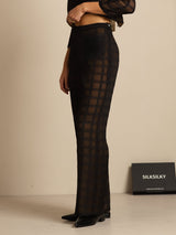 Black high-waist textured grid wide-leg silk pants with sheer layered legs