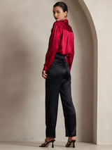 [Wine] SilkSilky  Long Sleeve Tie Neck Women's Blouse 002