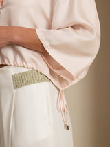 Pink silk cropped blouse with half sleeves and adjustable drawstring hem